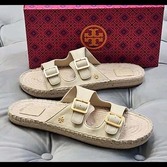 Tory Burch Two Band Flat Espadrille Slide Oat Milk Beige Leather Womens Shoes 10 - Picture 1 of 15